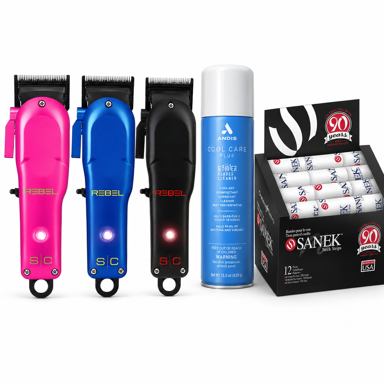 Stylecraft Rebel Professional Super-Torque Modular Cordless Clipper            Andis Cool Care and Sanek Neck Strips         Deal package !!