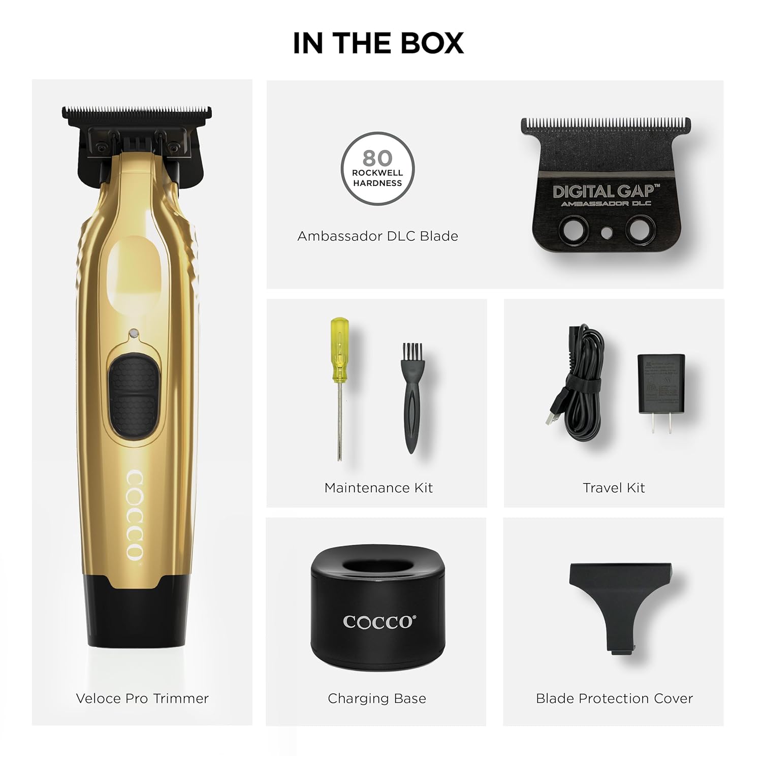Cocco Veloce Pro Cordless Trimmer w/ Digital Gap Ambassador DLC Blade + Black Charging Stand (CVPT)