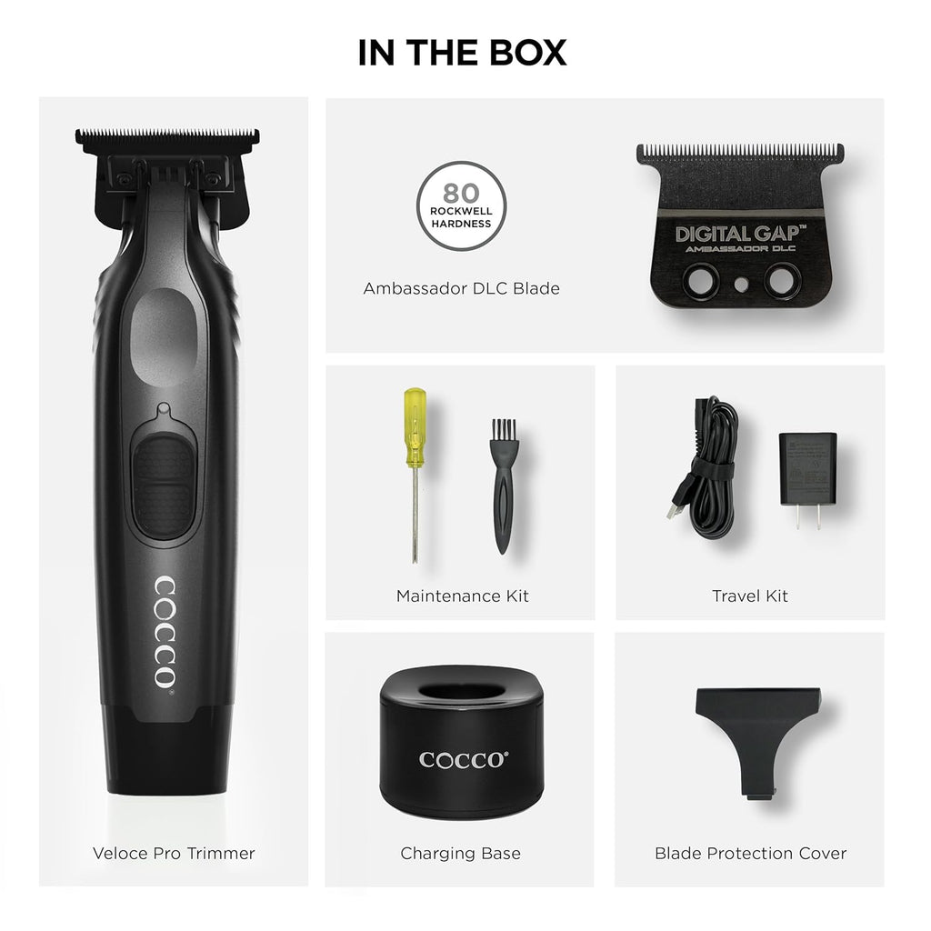 Cocco Veloce Pro Cordless Trimmer w/ Digital Gap Ambassador DLC Blade + Black Charging Stand (CVPT)