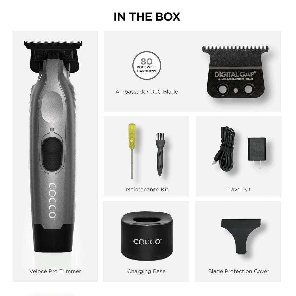 Cocco Veloce Pro Cordless Trimmer w/ Digital Gap Ambassador DLC Blade + Black Charging Stand (CVPT)