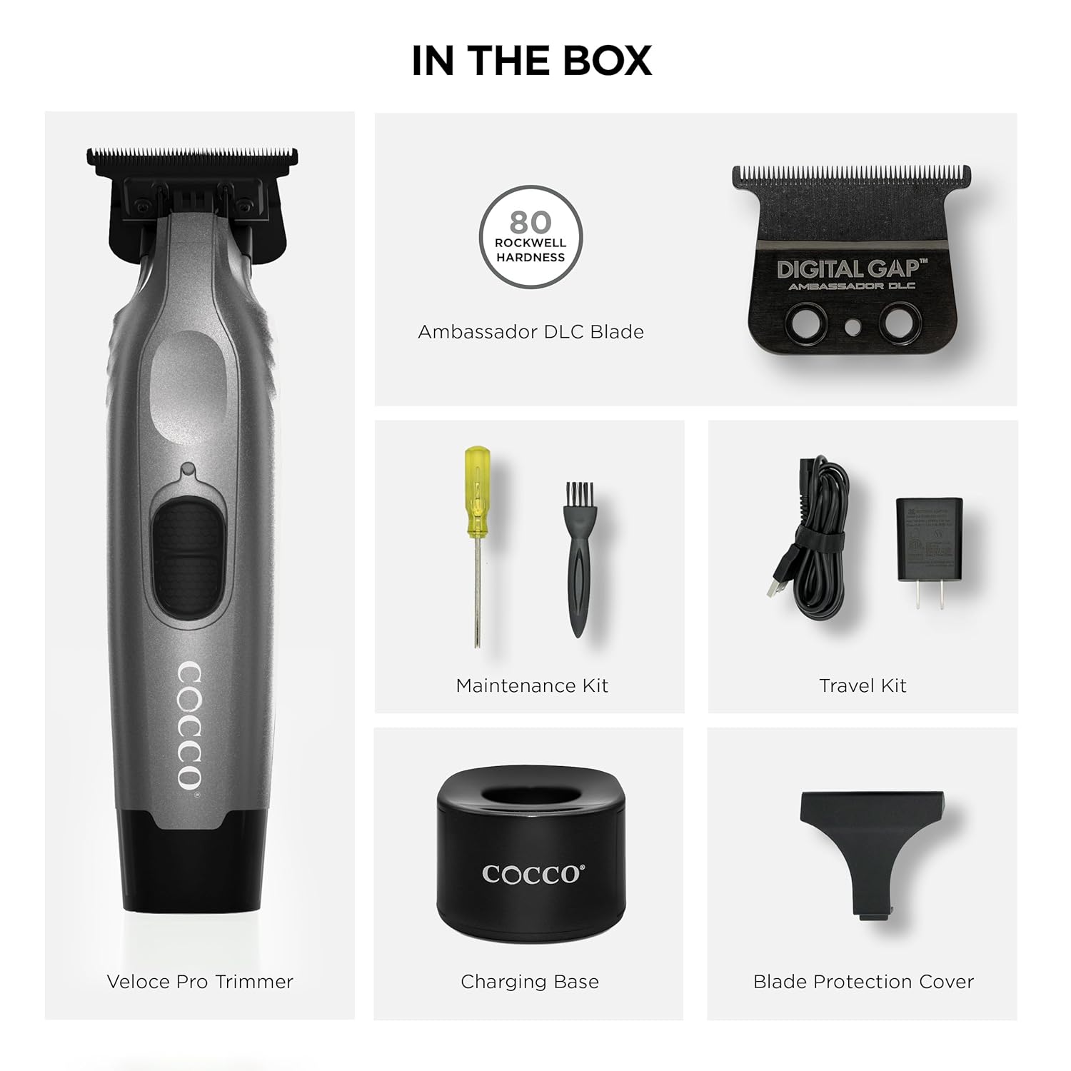 Cocco Veloce Pro Cordless Trimmer w/ Digital Gap Ambassador DLC Blade + Black Charging Stand (CVPT)