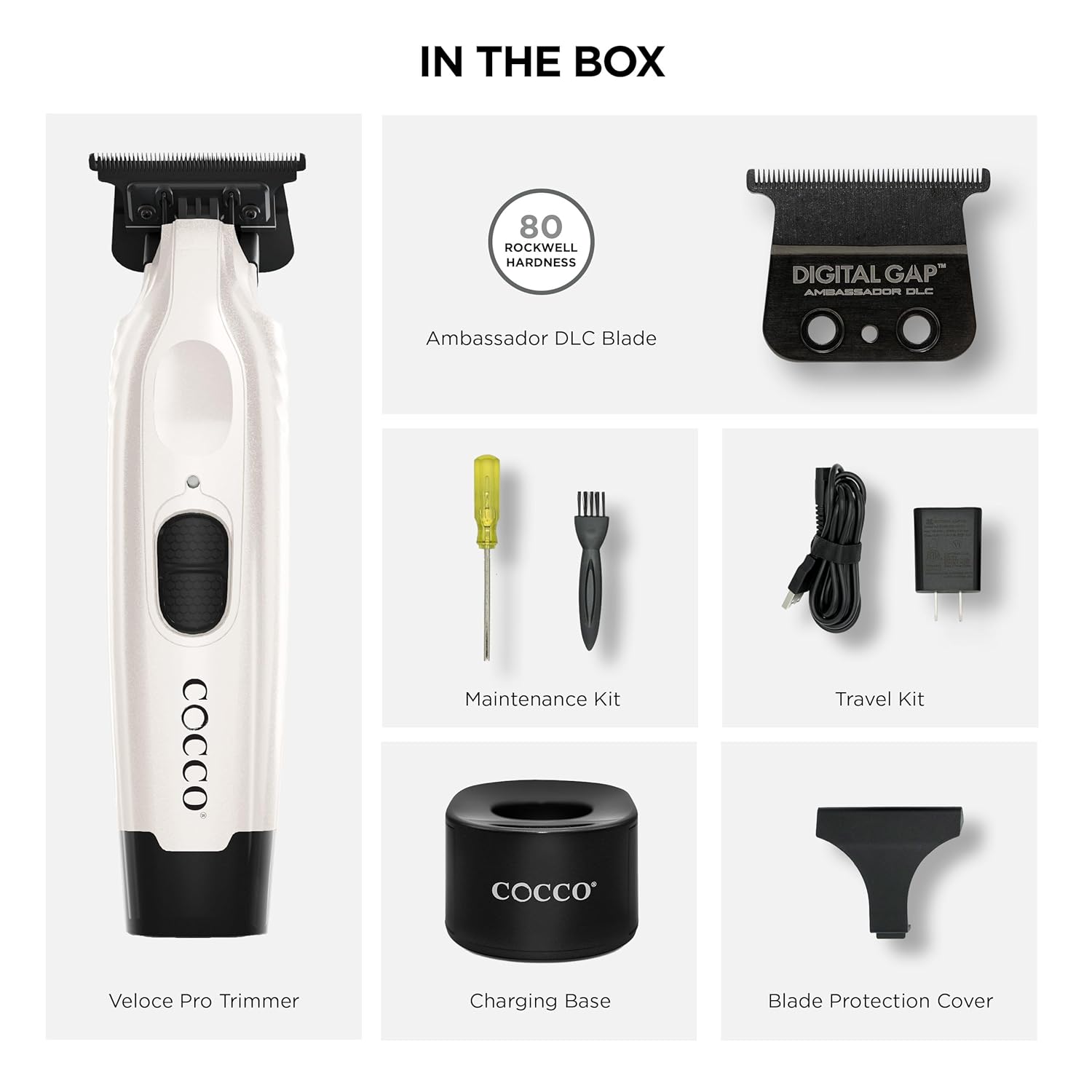 Cocco Veloce Pro Cordless Trimmer w/ Digital Gap Ambassador DLC Blade + Black Charging Stand (CVPT)
