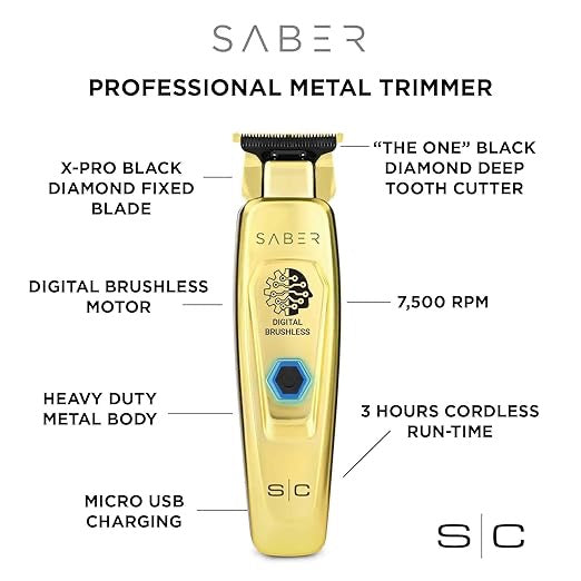 SABER TRIMMER - PROFESSIONAL CORDLESS HAIR TRIMMER WITH FULL METAL BODY AND DIGITAL BRUSHLESS MOTOR IN GOLD