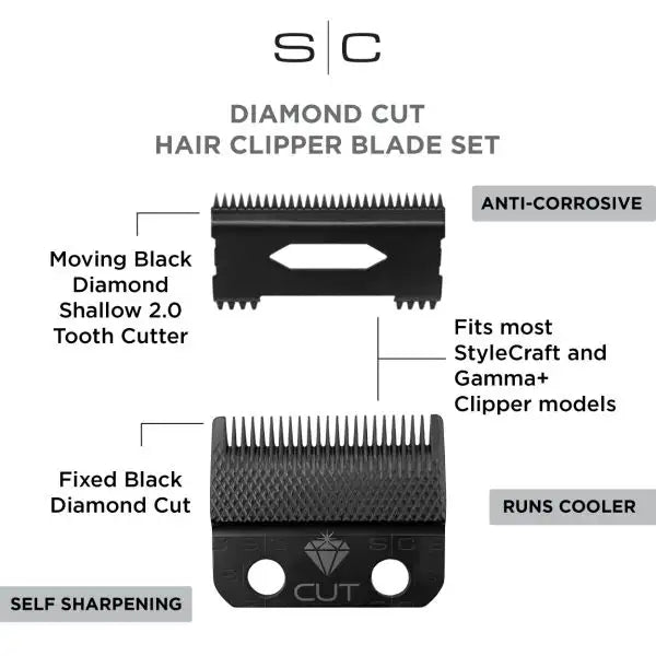 Stylecraft Replacement Diamond Cut Fixed Fade Hair Clipper Blade with Shallow Tooth 2.0 Moving Cutter Set (SC540B)
