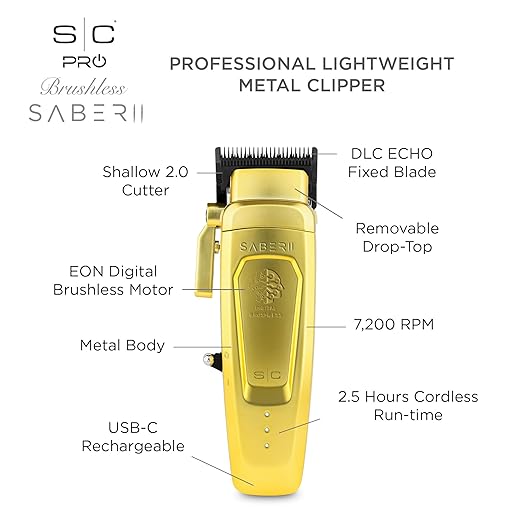 StyleCraft Saber 2.0 Cordless Modular Clipper w/ High-Torque Digital Brushless Motor - Gold (SC617M)