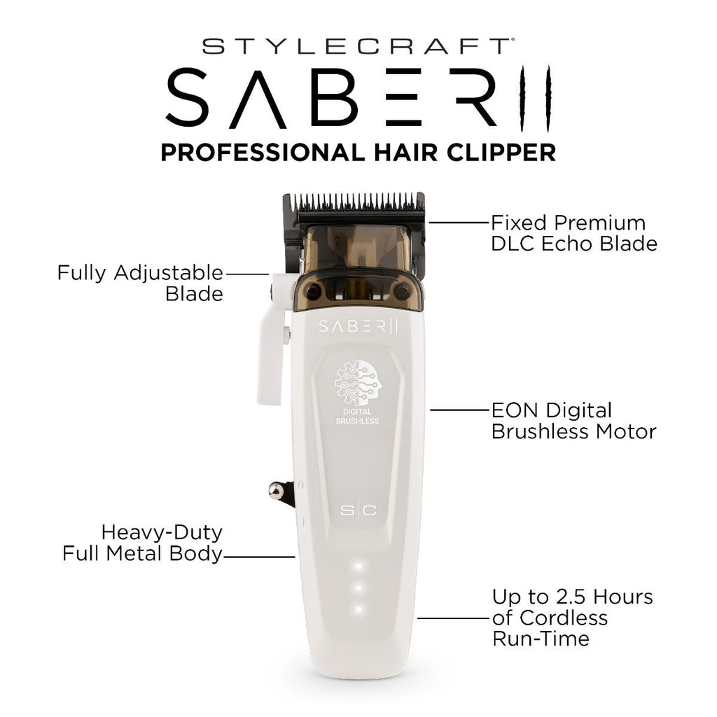 StyleCraft Limited Edition Saber II Cordless Digital Brushless Motor Clipper - White (SC619) [PRE-ORDER]