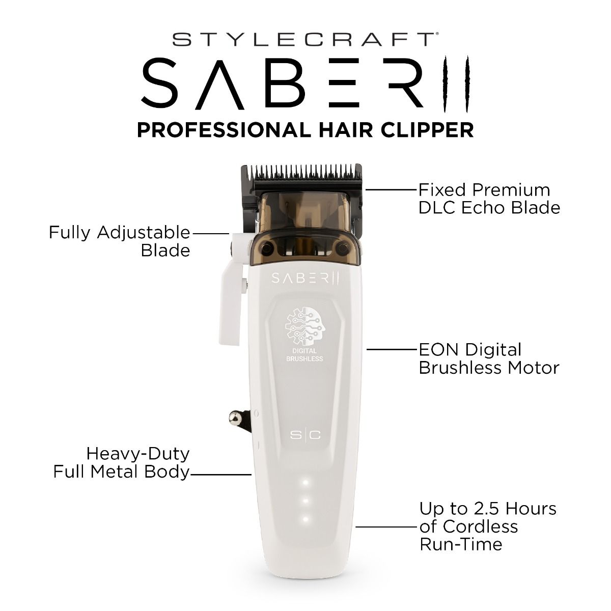 StyleCraft Limited Edition Saber II Cordless Digital Brushless Motor Clipper - White (SC619) [PRE-ORDER]